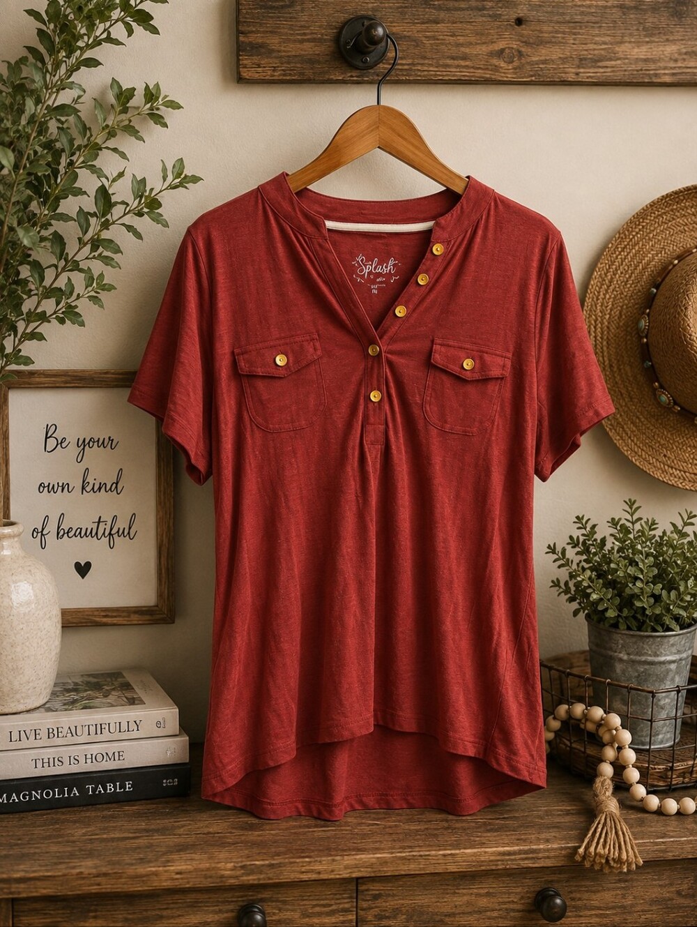 Splash Rust Red Short Sleeve Henley with Gold Buttons